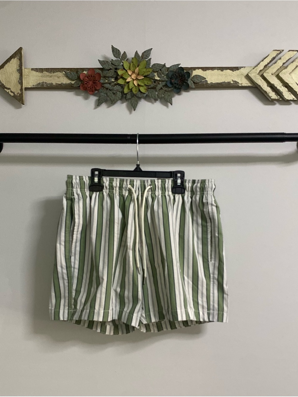 H&M Men’s Green and White Striped Swim Trunks
